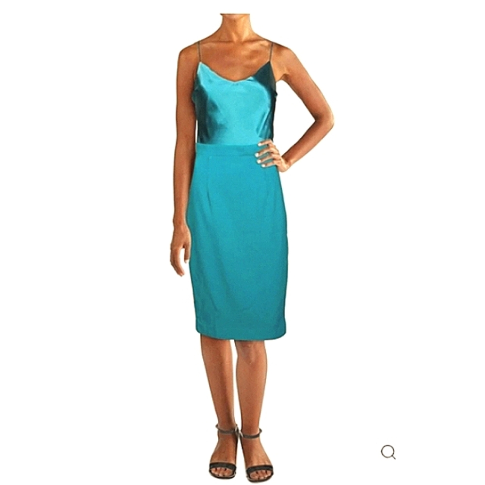 NEW w/tags Black Halo Mixed Media Satin Sheath Cocktail Dress Sz 10 Teal NWT